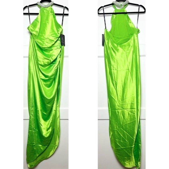 NWT RETROFETE Satin Crystal Choker Halter Sleeveless Ruched Open Back Gown L - Picture 9 of 17
